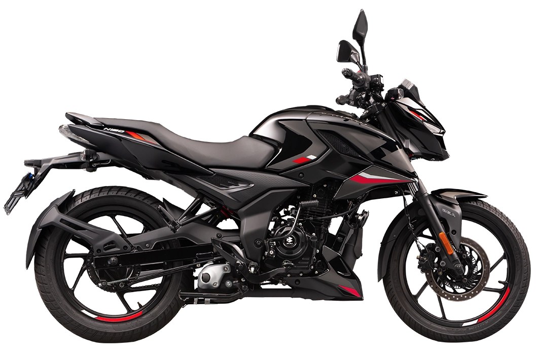 Bajaj Pulsar N150 preta, vista lateral completa, moto disponível no aluguel Rota Floow
